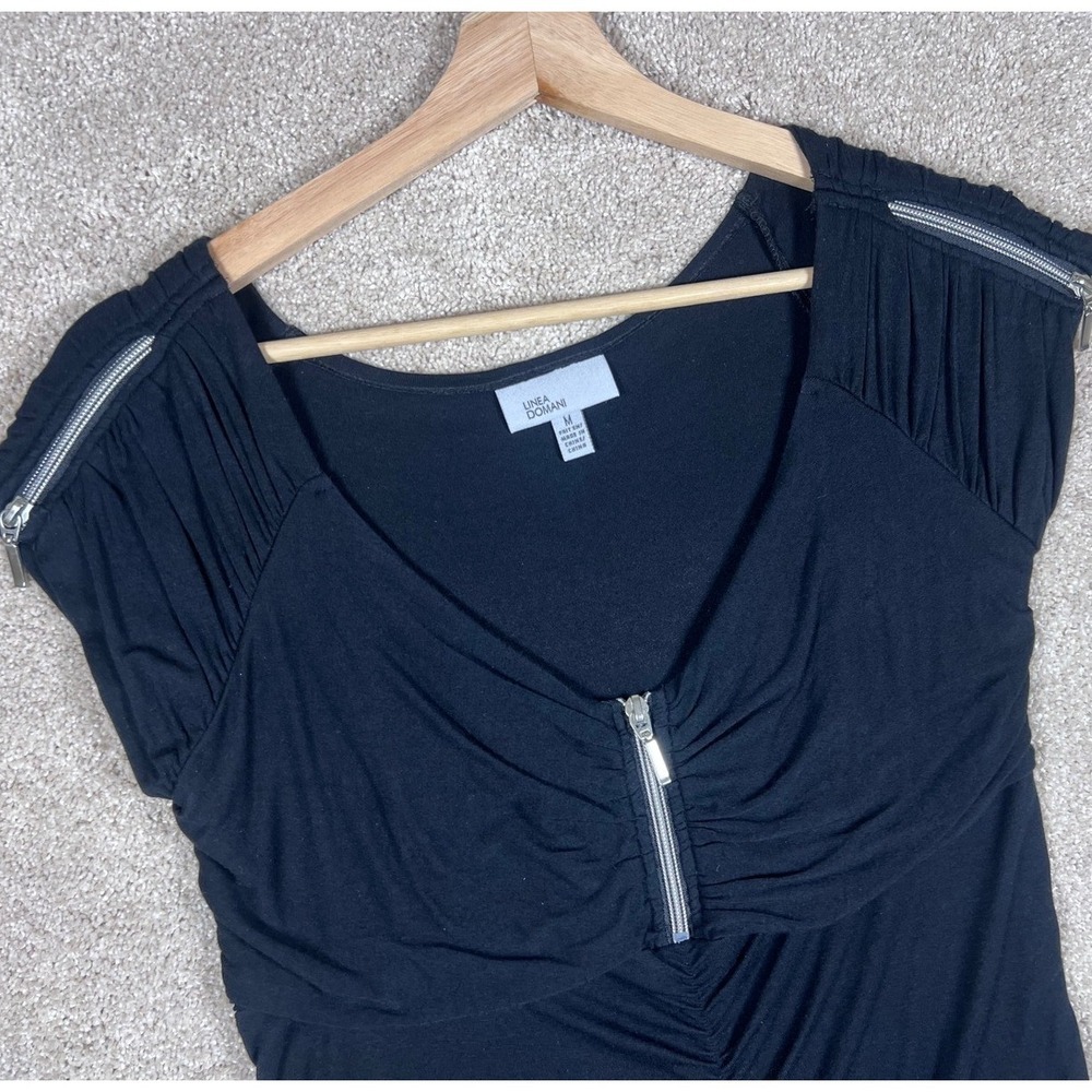 Linea‎ Domani Black V-Neck Top M Zipper Accent Ruched Blouse Whimsygoth Y2K